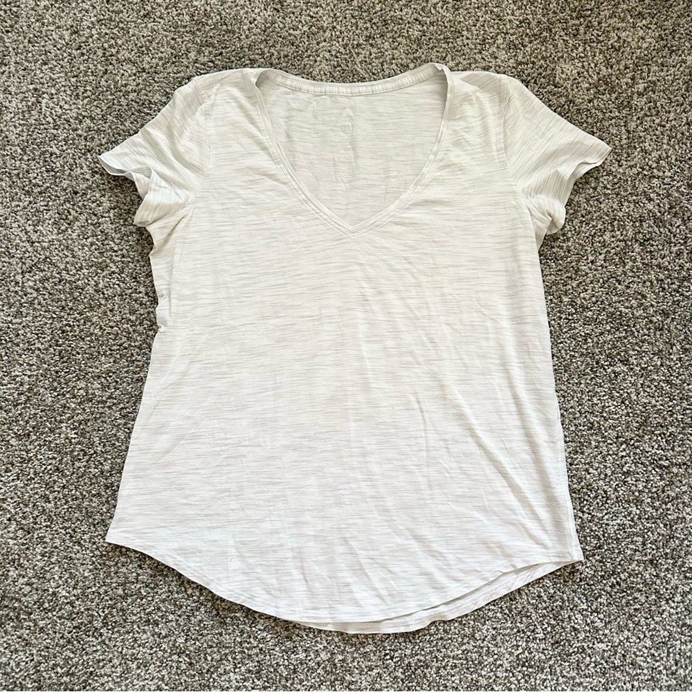 Lululemon White and Gray V-Neck Short Sleeve Shirt